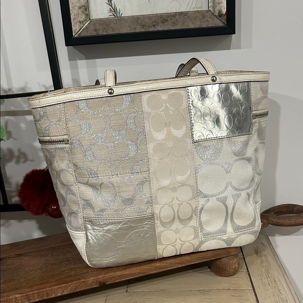 Coach Metallic Silver and Cream Patchwork Tote - Picture 3 of 7